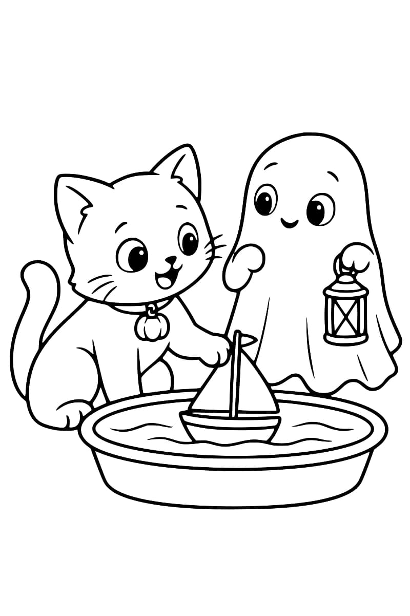Dessin au trait noir sur fond blanc d’un chat posant une patte près du mât d’un voilier miniature dans une bassine d’eau, accompagné d’un fantôme souriant qui tient une lanterne.