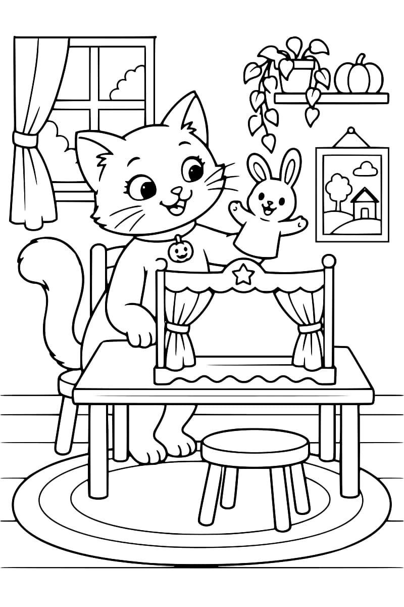 Dessin au trait noir sur fond blanc d’un chat assis derrière une table, tenant une marionnette de lapin au-dessus d’un théâtre miniature orné d’une étoile et de rideaux ouverts. Un tabouret repose sur un tapis ovale, devant une fenêtre, un tableau et une étagère portant une plante et une citrouille.