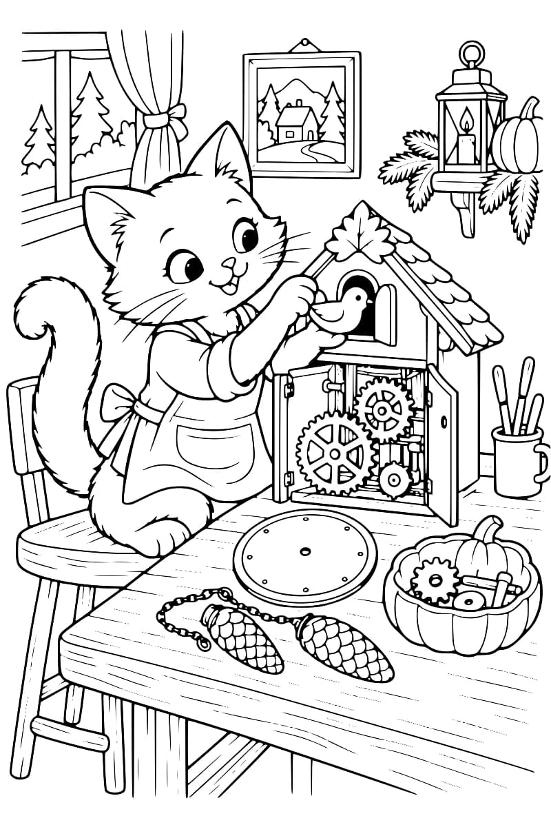 Dessin au trait noir sur fond blanc d’un chat en tablier, debout sur une chaise, manipulant l’oiseau d’une horloge à coucou aux engrenages apparents. Un cadran, deux poids et un récipient en forme de citrouille contenant des pièces sont posés sur l’établi.
