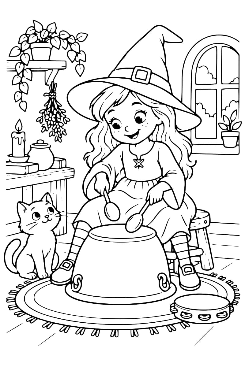 Dessin en noir et blanc d’une sorcière coiffée d’un grand chapeau pointu, assise sur un tabouret et tenant deux cuillères au-dessus d’un chaudron retourné. Un chat est assis à côté d’elle et un tambourin repose sur le tapis. Des plantes, une bougie, des livres et une fenêtre complètent le décor.