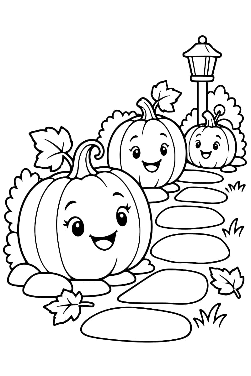 Dessin en noir et blanc de trois citrouilles souriantes près d’un chemin de pierres, avec des feuilles, des buissons et un réverbère.