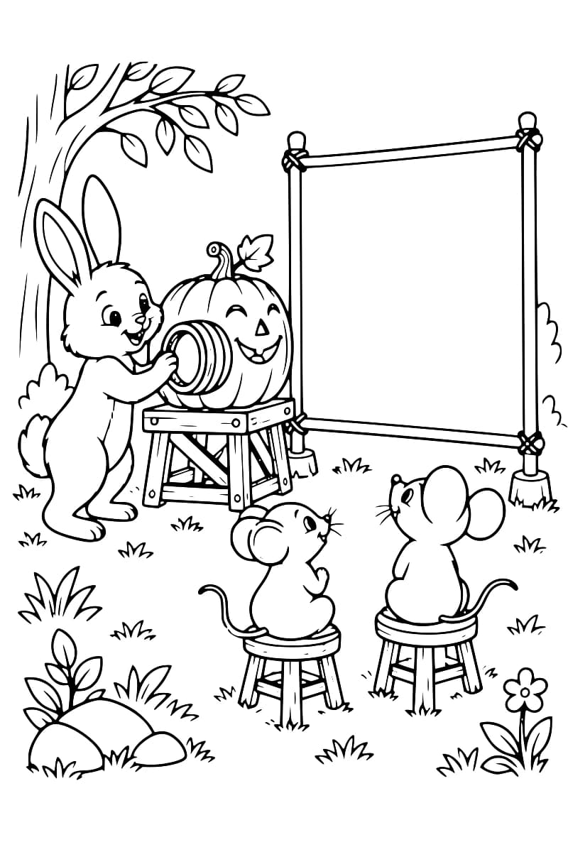 Dessin au trait noir sur fond blanc : un lapin manipule l’objectif d’une citrouille souriante posée sur un support en bois. Deux souris assises sur des tabourets regardent un grand écran vide, dans un décor d’herbe, d’arbre, de pierres et de fleurs.
