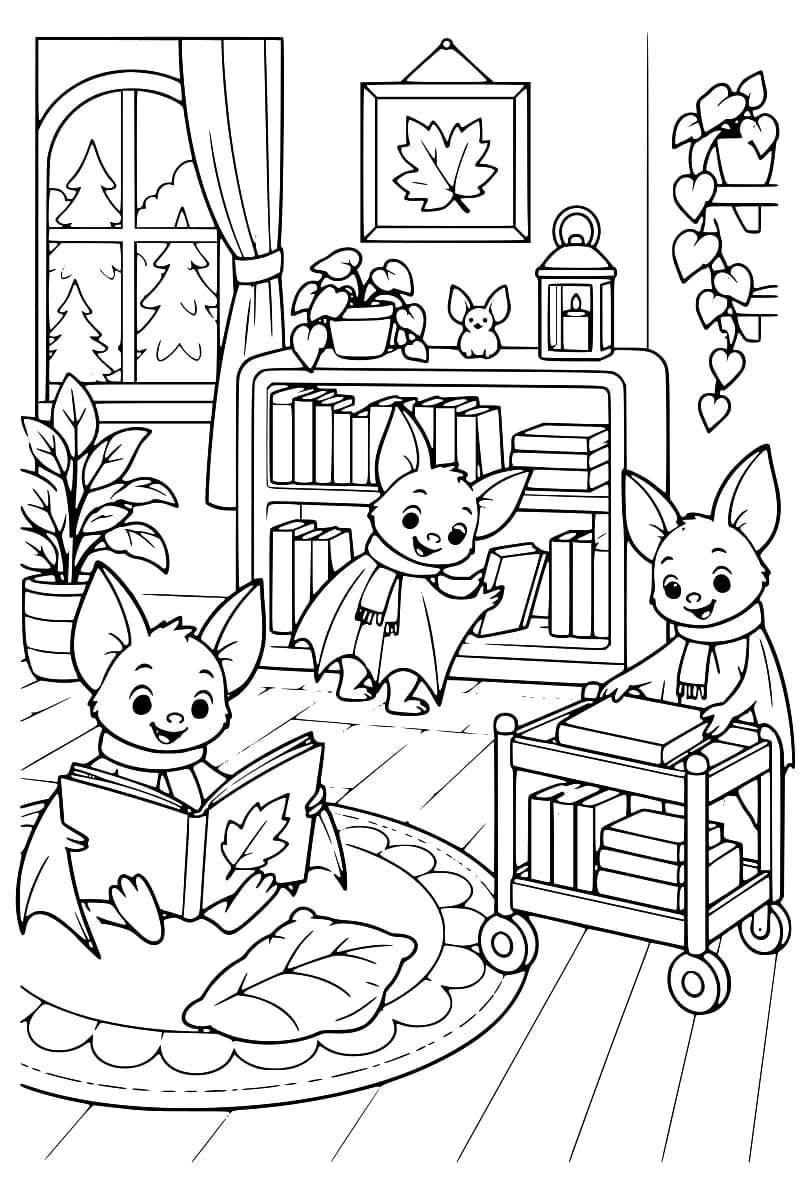 Dessin à colorier de trois chauves-souris portant des écharpes : l’une lit sur un tapis rond près d’un coussin, une autre tient un livre devant la bibliothèque et la troisième pose les mains sur un livre placé sur un chariot à roulettes ; des plantes, une lanterne et un cadre représentant une feuille décorent la pièce.