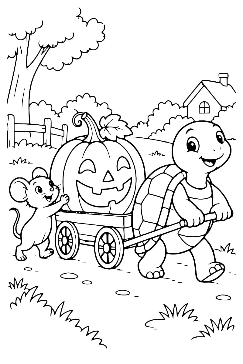Dessin au trait noir d’une tortue tirant un chariot à quatre roues qui transporte une grande citrouille-lanterne souriante, aidée par une souris à l’arrière, avec un arbre, une clôture et une maison en fond.