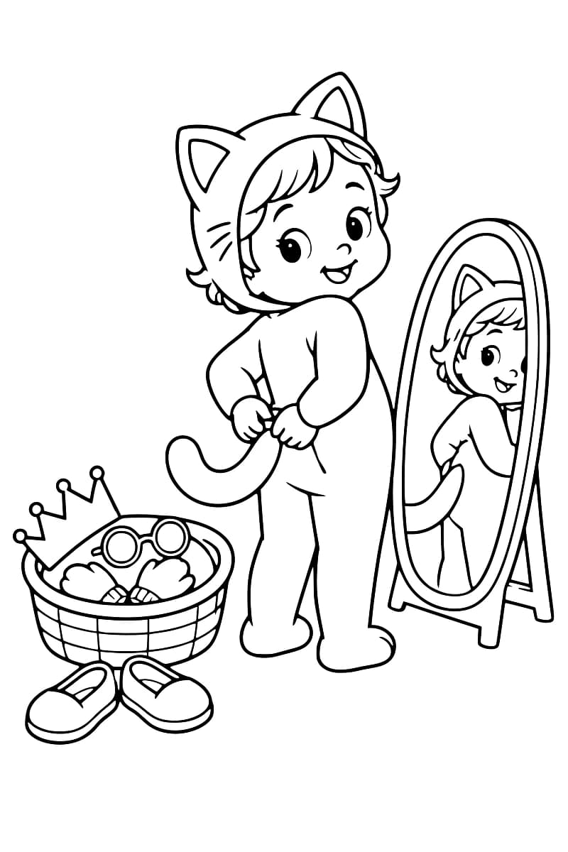 Dessin à colorier d’un enfant portant un costume de chat et tenant sa queue devant un miroir sur pied, avec son reflet visible, un panier contenant une couronne, des lunettes rondes et des moufles, et une paire de chaussures au sol.