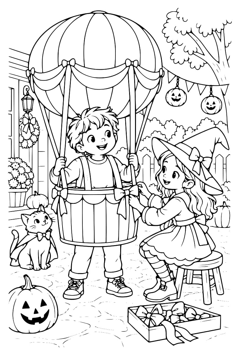 Dessin à colorier d’un enfant debout dans un costume de montgolfière et d’une enfant déguisée en sorcière, assise sur un tabouret, qui ajuste un nœud au panier. Un chat portant une cape, des citrouilles, des lanternes et une boîte de rubans les entourent.