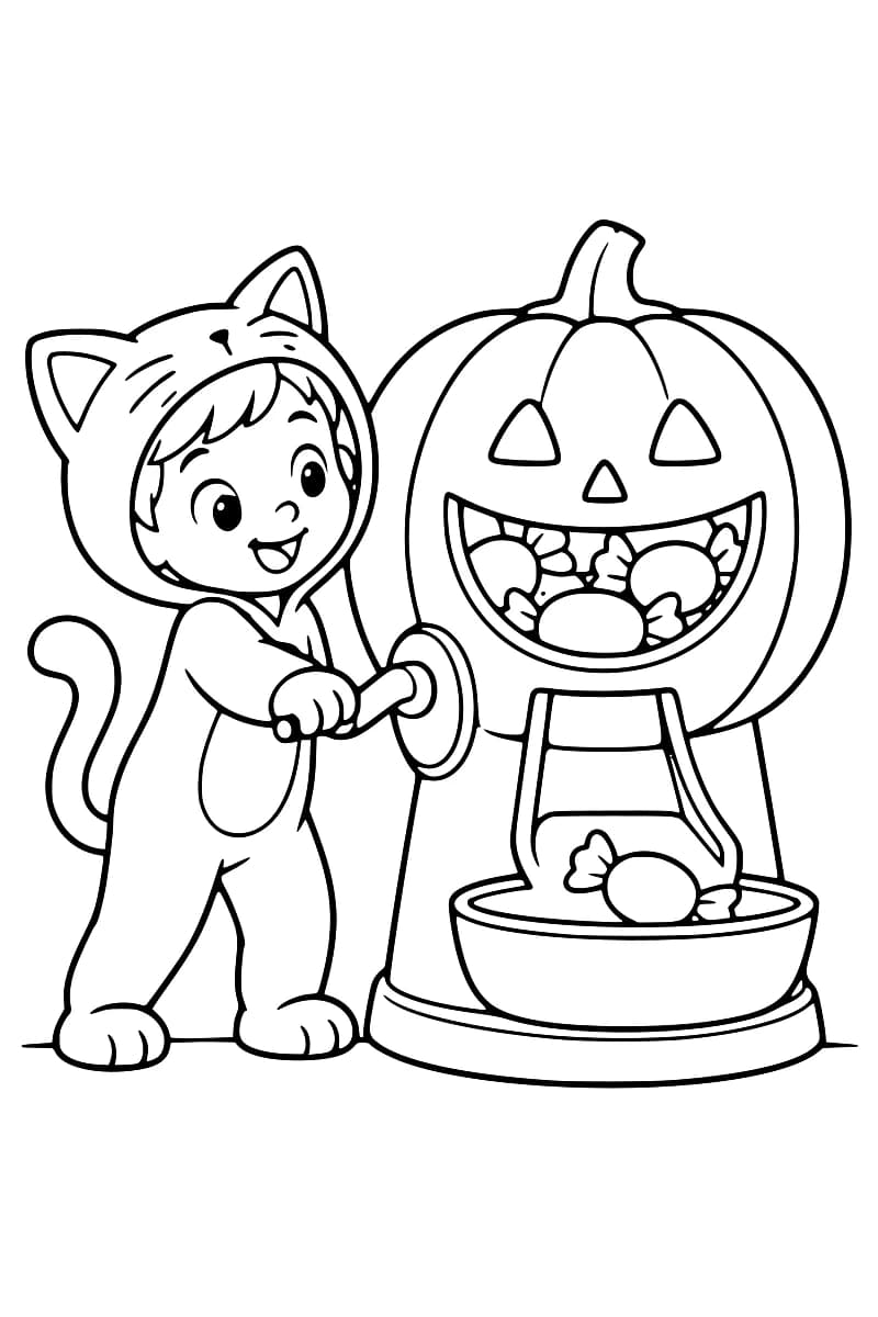 Dessin en noir et blanc d’un enfant en costume de chat actionnant la manivelle d’un distributeur de bonbons en forme de citrouille.