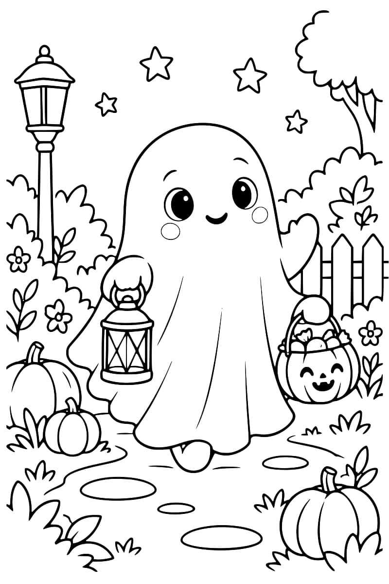 Dessin en noir et blanc d’un fantôme souriant tenant une lanterne et un seau en forme de citrouille rempli de friandises, sur un chemin bordé de citrouilles, de fleurs et de buissons, avec un lampadaire, une clôture et des étoiles.