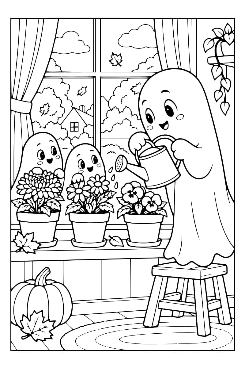 Dessin en noir et blanc d’un fantôme arrosant trois jardinières fleuries devant une fenêtre, avec deux petits fantômes et une citrouille au premier plan.