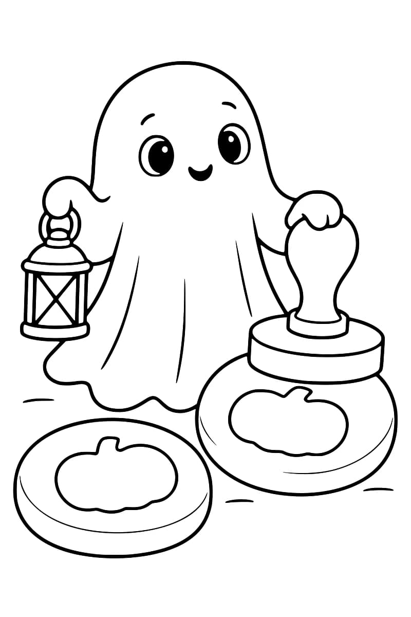 Dessin en noir et blanc d’un fantôme tenant une lanterne à gauche et un grand tampon à droite, avec deux disques portant un motif de citrouille au premier plan.