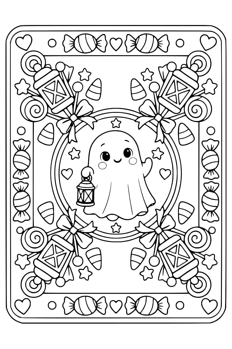 Dessin à colorier en noir et blanc d’un fantôme souriant tenant une lanterne dans un cercle, entouré de bonbons emballés, de sucettes en spirale, de friandises triangulaires, de quatre grandes lanternes ornées de nœuds, de cœurs et d’étoiles.
