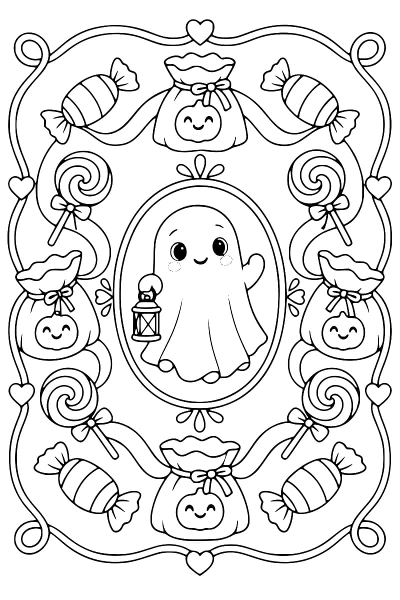 Dessin en noir et blanc d’un fantôme souriant tenant une lanterne dans un médaillon ovale, entouré de quatre sachets ornés de citrouilles souriantes, de quatre sucettes en spirale et de quatre bonbons emballés, avec une bordure ondulée décorée de cœurs.