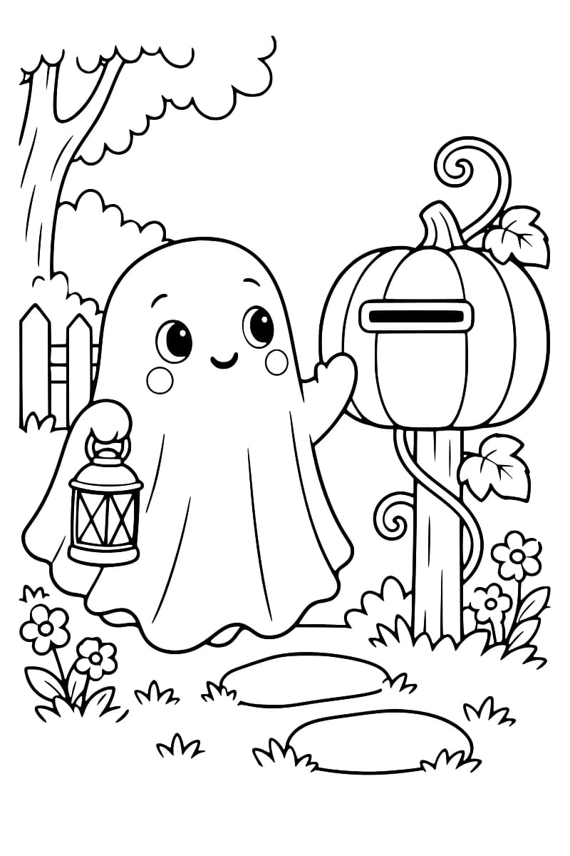 Dessin en noir et blanc d’un petit fantôme tenant une lanterne près d’une boîte aux lettres en forme de citrouille, avec des fleurs, une clôture et des arbres.