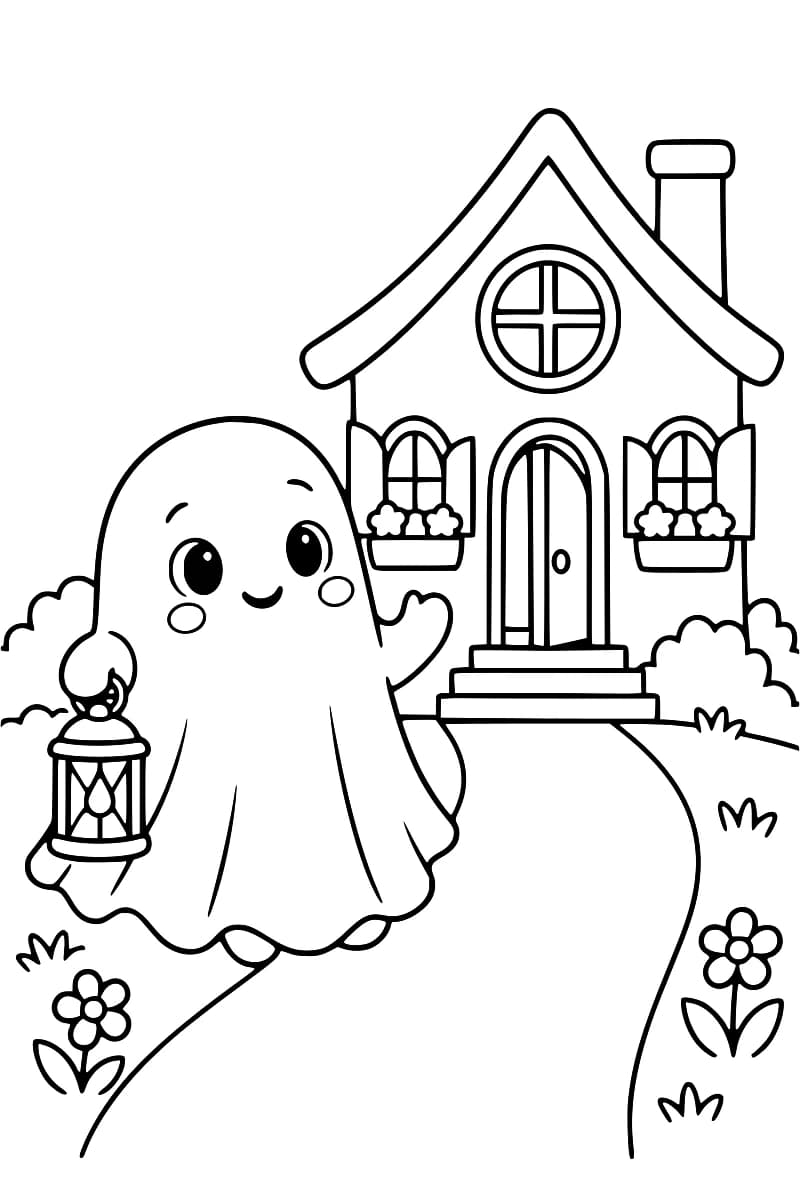 Dessin en noir et blanc d’un fantôme souriant portant une lanterne devant une maison aux fenêtres rondes et aux jardinières fleuries.