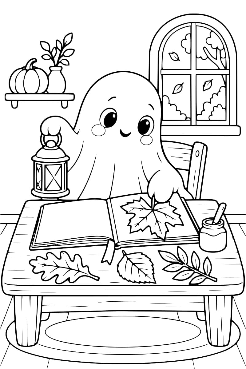 Dessin en noir et blanc d’un fantôme souriant tenant une lanterne et posant une feuille d’érable dans un album ouvert. D’autres feuilles et un pot avec un pinceau sont disposés sur la table. À l’arrière-plan, une fenêtre arrondie donne sur des arbres, et une étagère porte une citrouille et un vase de feuillage.