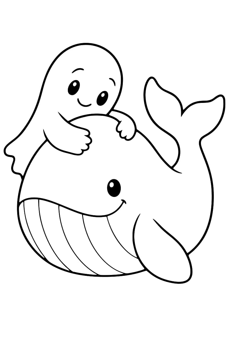 Dessin en noir et blanc d’un fantôme souriant posé sur le dos d’une grande baleine, les bras autour d’elle, avec son ventre strié, une nageoire et sa queue relevée.