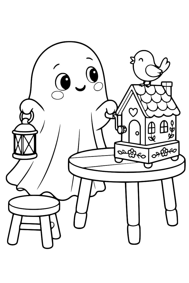 Dessin en noir et blanc d’un fantôme tenant une lanterne et actionnant la manivelle d’une maisonnette décorée de fleurs et d’un cœur, posée sur une table ronde. Un oiseau est perché sur le toit et un tabouret se trouve au premier plan.