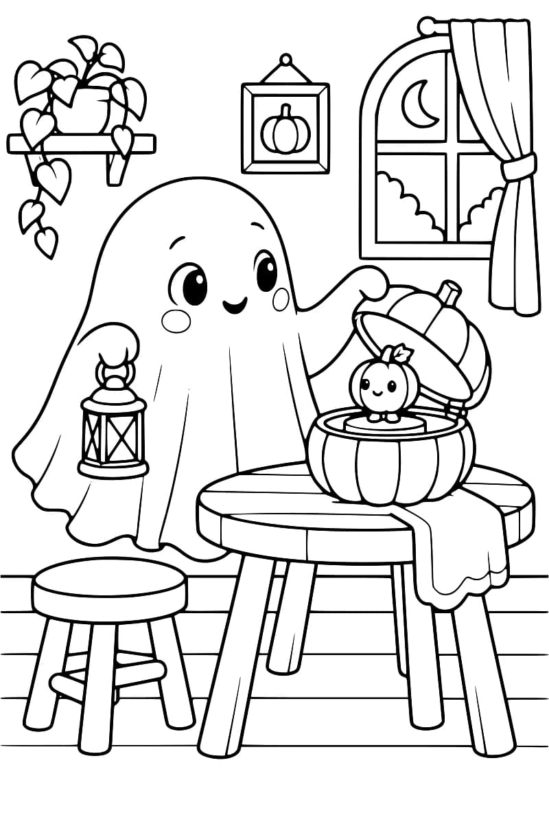Dessin en noir et blanc d’un fantôme souriant avec une lanterne, devant une boîte citrouille ouverte posée sur une table ronde. Une petite citrouille souriante se tient à l’intérieur. Un tabouret, une plante sur une étagère, un cadre représentant une citrouille et une fenêtre à rideau donnant sur un croissant de lune complètent la scène.