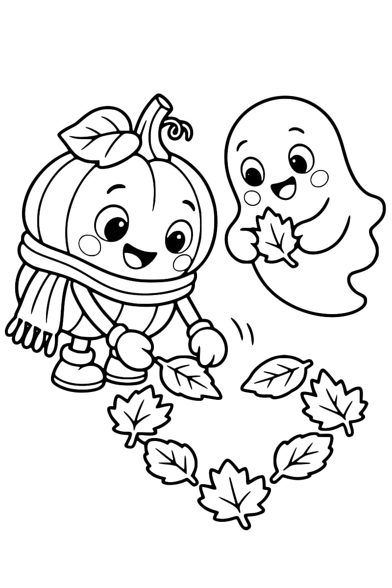 Dessin à colorier montrant une citrouille souriante portant une écharpe et un fantôme tenant une feuille, entourés de feuilles d’automne.