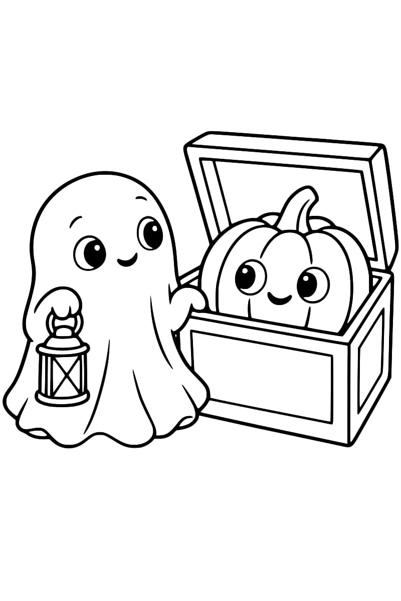 Dessin en noir et blanc d’un fantôme souriant tenant une petite lanterne à gauche d’un coffre ouvert, dans lequel se trouve une grosse citrouille avec des yeux et une bouche souriante.