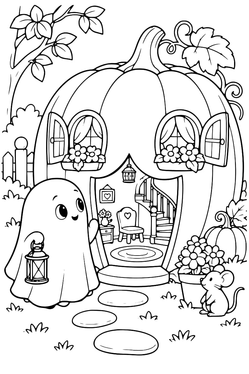 Dessin à colorier d’un fantôme tenant une lanterne devant une grande maison-citrouille. Deux fenêtres à volets et à rideaux sont garnies de fleurs. L’entrée ouverte laisse voir une chaise, un tapis ovale, un petit meuble et un escalier. Une souris est assise près d’un pot de fleurs, au bord d’un chemin de pierres.
