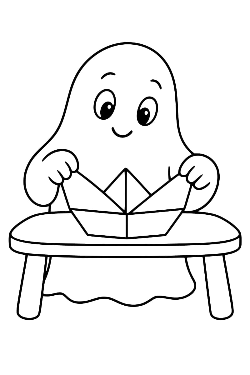 Dessin en noir et blanc d’un fantôme aux grands yeux, tenant à deux mains un bateau en papier sur une table au plateau ovale.