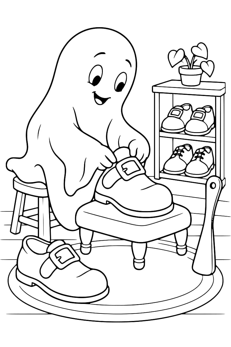 Dessin en noir et blanc d’un fantôme assis sur un tabouret, les mains sur la boucle d’un grand soulier posé sur un repose-pied. Un second soulier se trouve sur un tapis ovale, à côté d’un chausse-pied. À l’arrière, une étagère contient deux paires de chaussures et porte une plante en pot aux feuilles en forme de cœur.