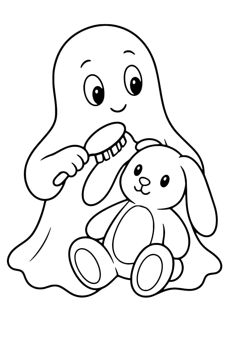Dessin en noir et blanc d’un fantôme souriant tenant une brosse contre l’une des longues oreilles d’un lapin en peluche assis devant lui.