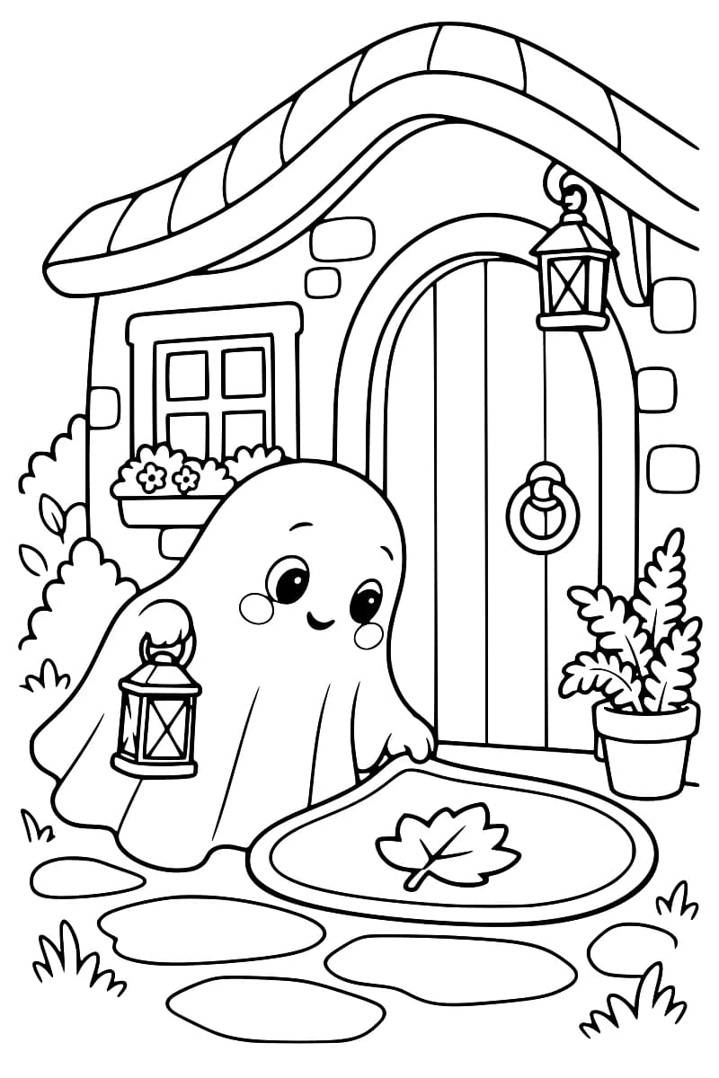 Dessin en noir et blanc d’un fantôme tenant une lanterne près d’un paillasson ovale décoré d’une feuille, devant une porte arrondie entourée d’une lanterne suspendue, de fleurs et d’une plante en pot.