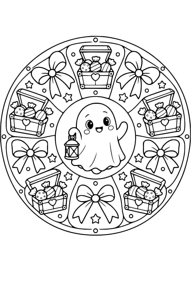 Dessin en noir et blanc d’un mandala circulaire : au centre, un fantôme souriant tient une lanterne et lève un bras. Autour de lui alternent cinq coffrets ouverts remplis de bonbons et cinq grands nœuds, accompagnés d’étoiles et de petits cercles.