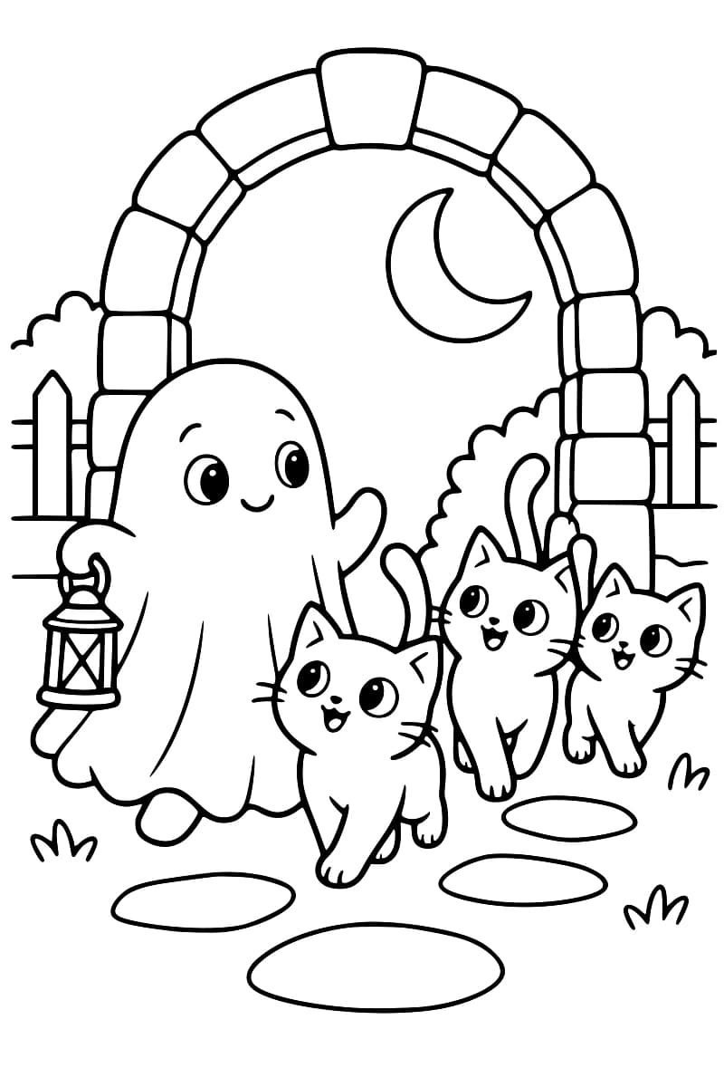 Dessin en noir et blanc d’un fantôme avec une lanterne, accompagné de trois chats devant une arche de pierre et une clôture.