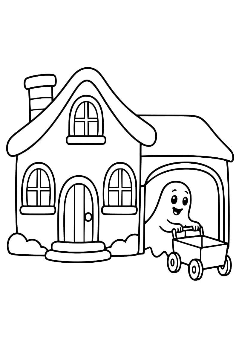 Dessin en noir et blanc d’une maison avec une cheminée, trois fenêtres arrondies et un garage attenant ouvert, où un fantôme souriant pousse un chariot à roulettes.