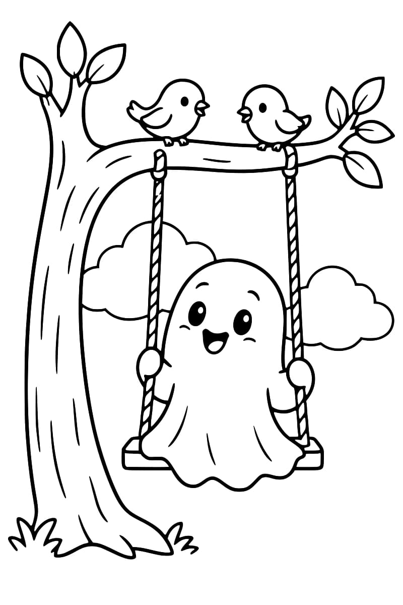 Dessin en noir et blanc d’un fantôme souriant assis sur une balançoire accrochée à un arbre, avec deux oiseaux sur la branche et des nuages en arrière-plan.
