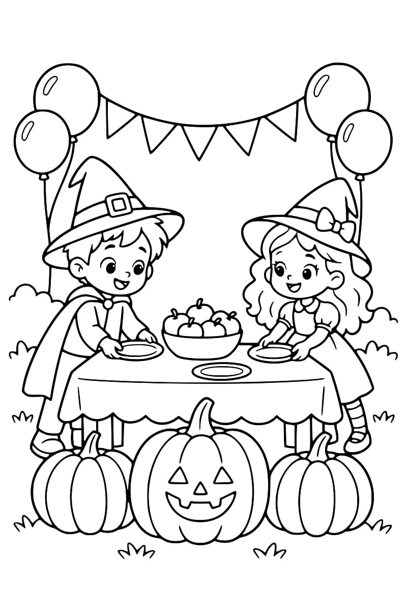 Dessin en noir et blanc de deux enfants portant des chapeaux de sorciers et préparant une table entourée de citrouilles pour Halloween.