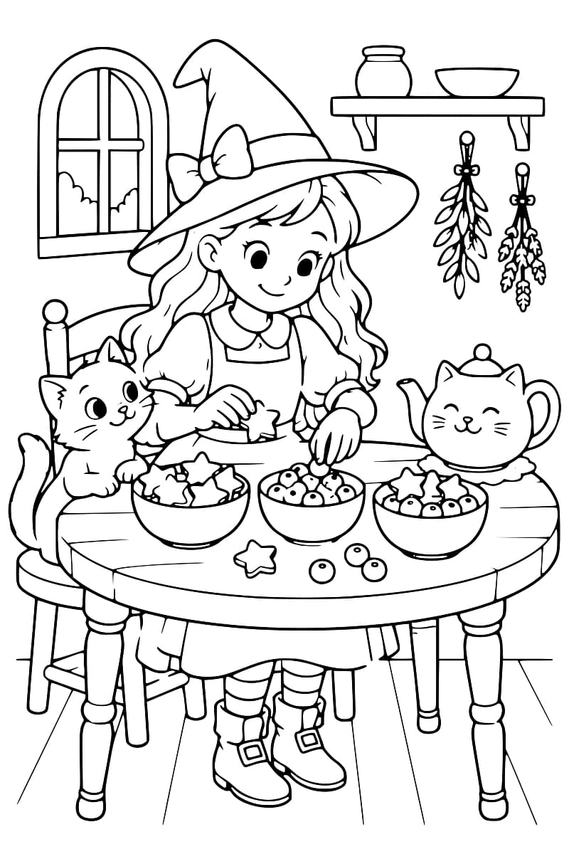 Coloriage d’une petite sorcière assise à une table avec un chat, trois bols de gourmandises et une théière.
