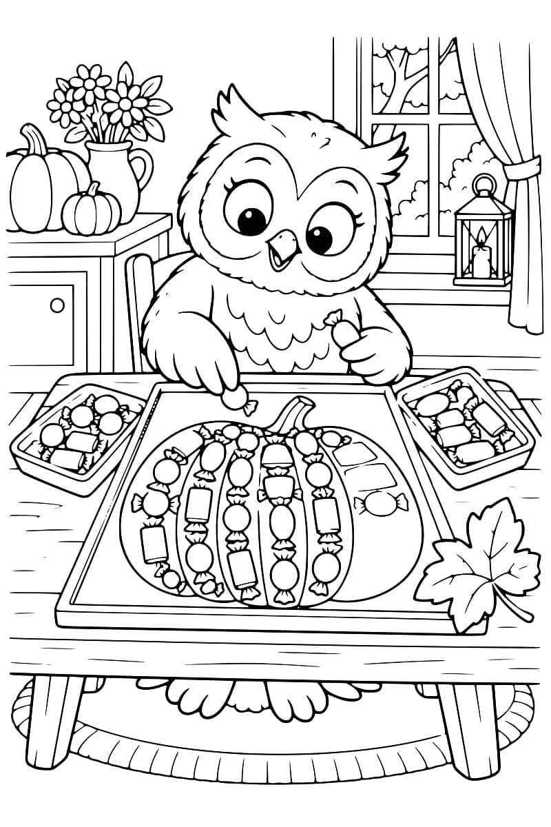 Dessin en noir et blanc d’un hibou assis à une table, assemblant des bonbons emballés dans les contours d’une citrouille sur un grand plateau. Deux petits plateaux de bonbons et une feuille l’entourent ; on voit aussi des citrouilles, un vase de fleurs et une lanterne devant une fenêtre.
