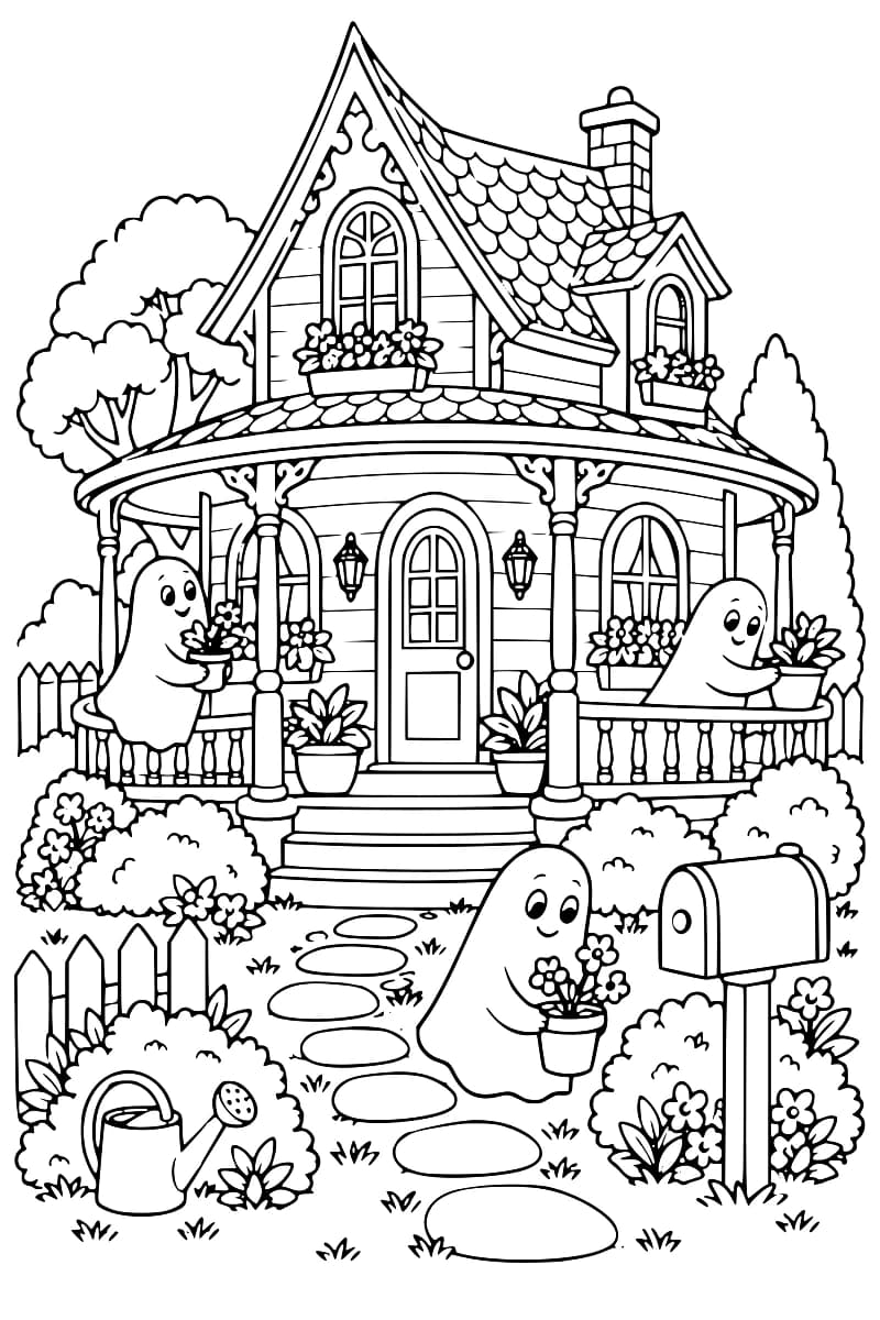 Dessin en noir et blanc d’une maison hantée à porche, entourée d’arbres, de fleurs, d’un chemin de pierres et de trois fantômes jardiniers.