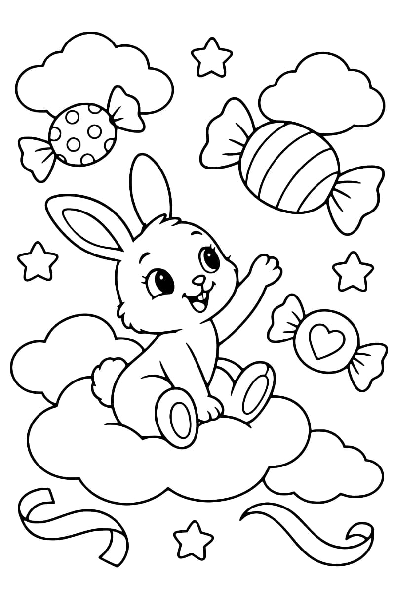 Dessin en noir et blanc d’un lapin souriant assis sur un nuage, entouré de bonbons emballés, d’étoiles et de nuages.