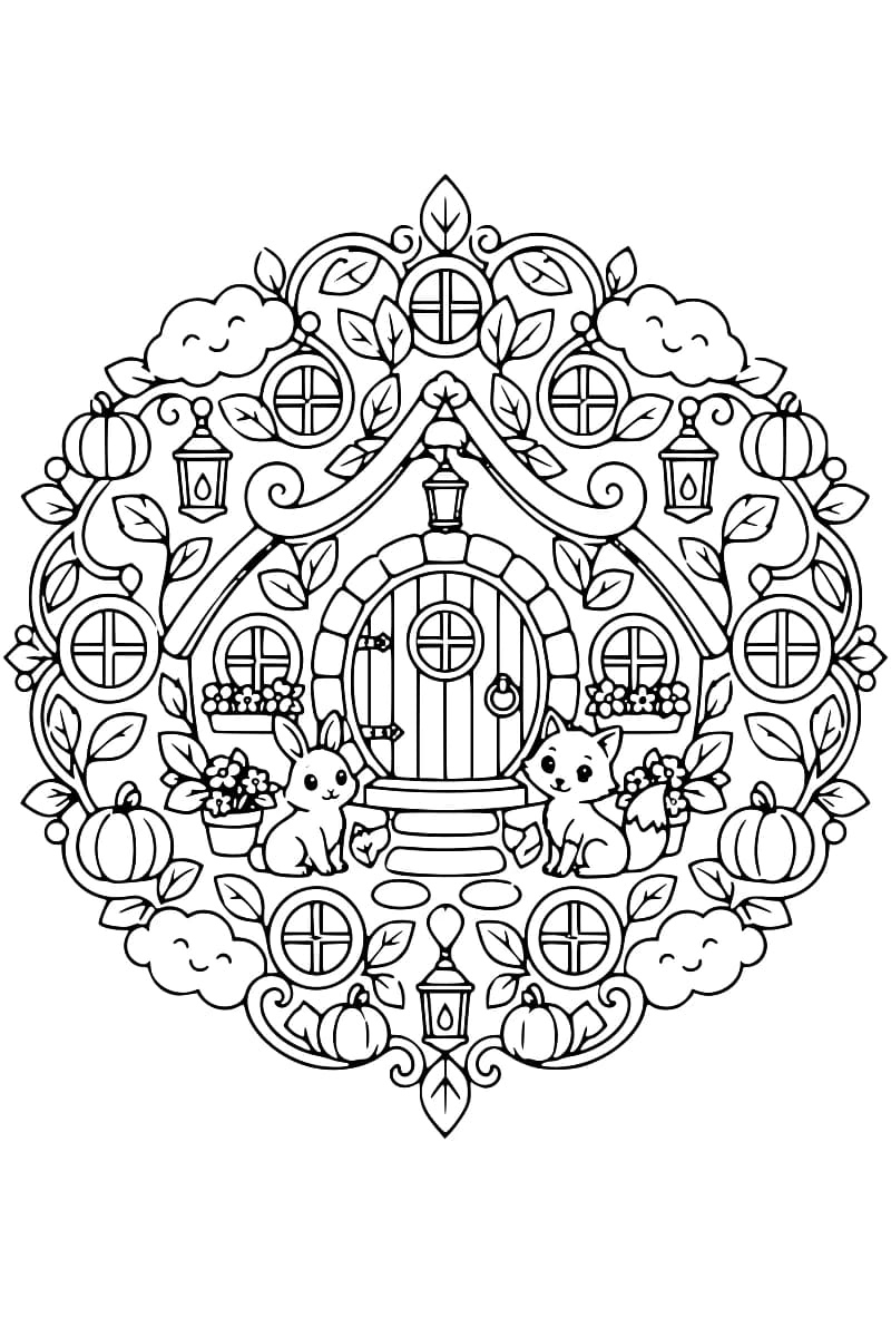 Mandala circulaire symétrique organisé autour d’une petite maison fantaisiste entourée de lanternes et de citrouilles.