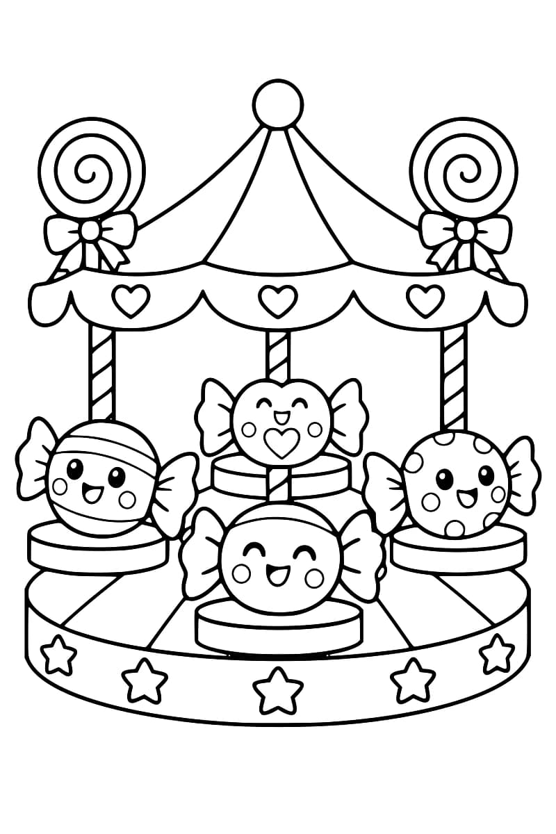 Dessin en noir et blanc d’un manège avec quatre bonbons emballés aux visages souriants, posés sur des socles ronds. Deux sucettes en spirale ornées de nœuds encadrent le toit, dont le bord porte trois cœurs. Cinq étoiles décorent la base.
