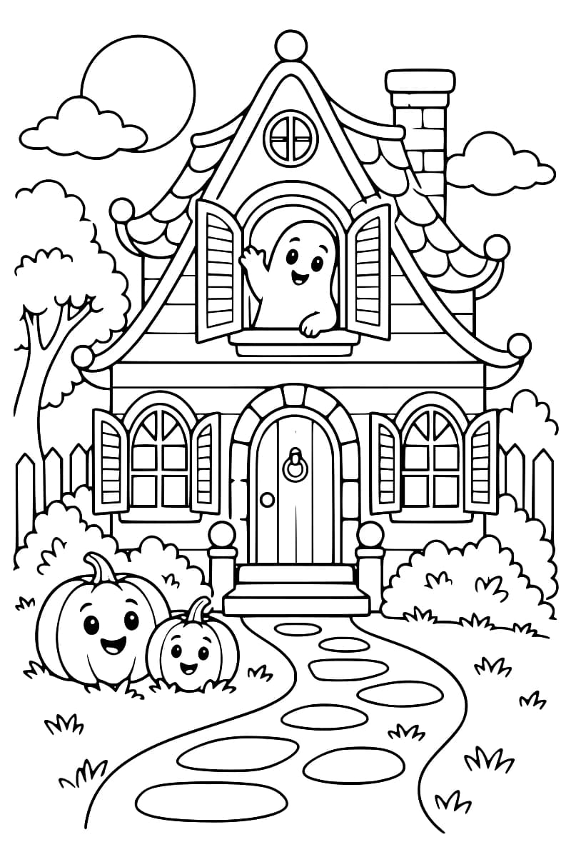 Dessin en noir et blanc d’un manoir hanté à volets ouverts, avec un fantôme souriant à l’étage et deux citrouilles devant la maison.