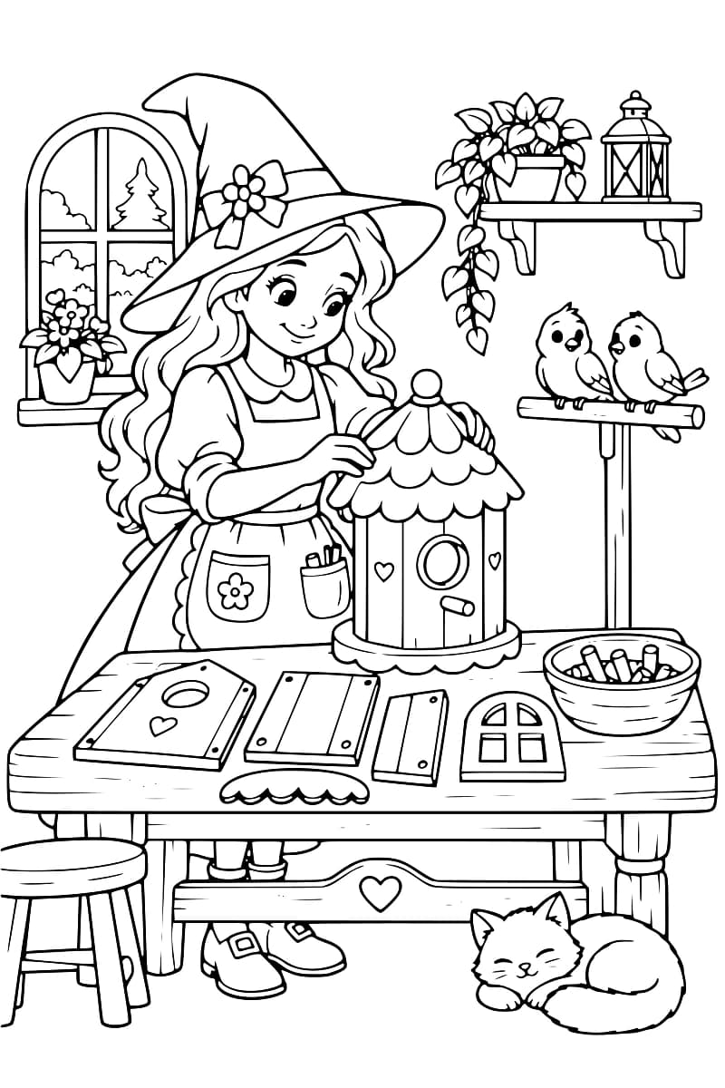 Dessin au trait d’une sorcière coiffée d’un grand chapeau fleuri, les mains sur le toit festonné d’un nichoir décoré de cœurs. Des pièces de bois et un bol sont posés sur l’établi, deux oiseaux se tiennent sur un perchoir et un chat dort sous la table.