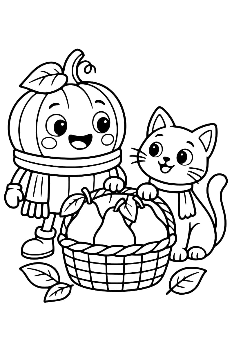 Dessin en noir et blanc montrant une citrouille souriante et un chat près d’un panier de citrouilles.