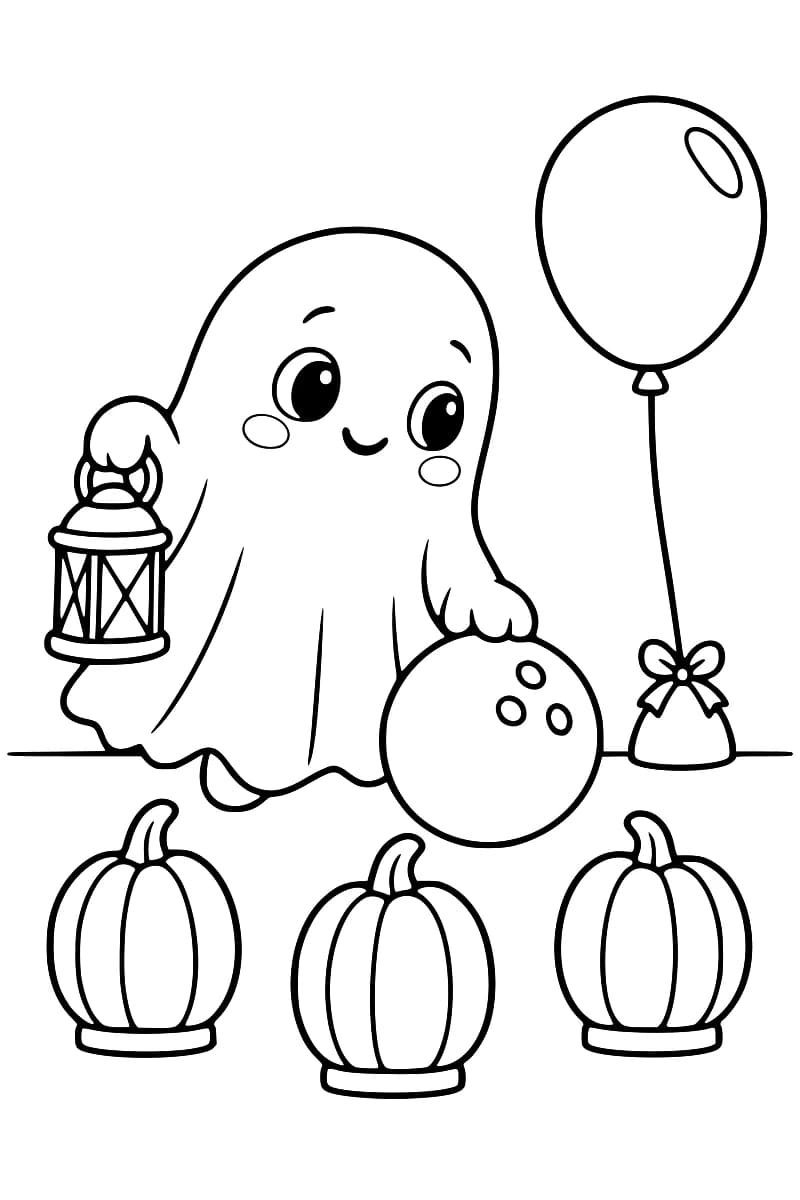 Dessin en noir et blanc d’un petit fantôme souriant tenant une lanterne, avec une boule, trois citrouilles, un ballon et un sac cadeau.
