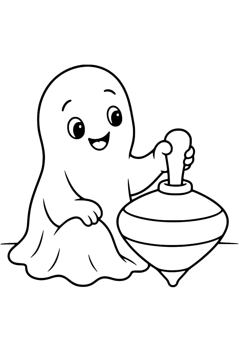 Dessin en noir et blanc d’un fantôme souriant, assis à gauche d’une grande toupie dont il tient la poignée.