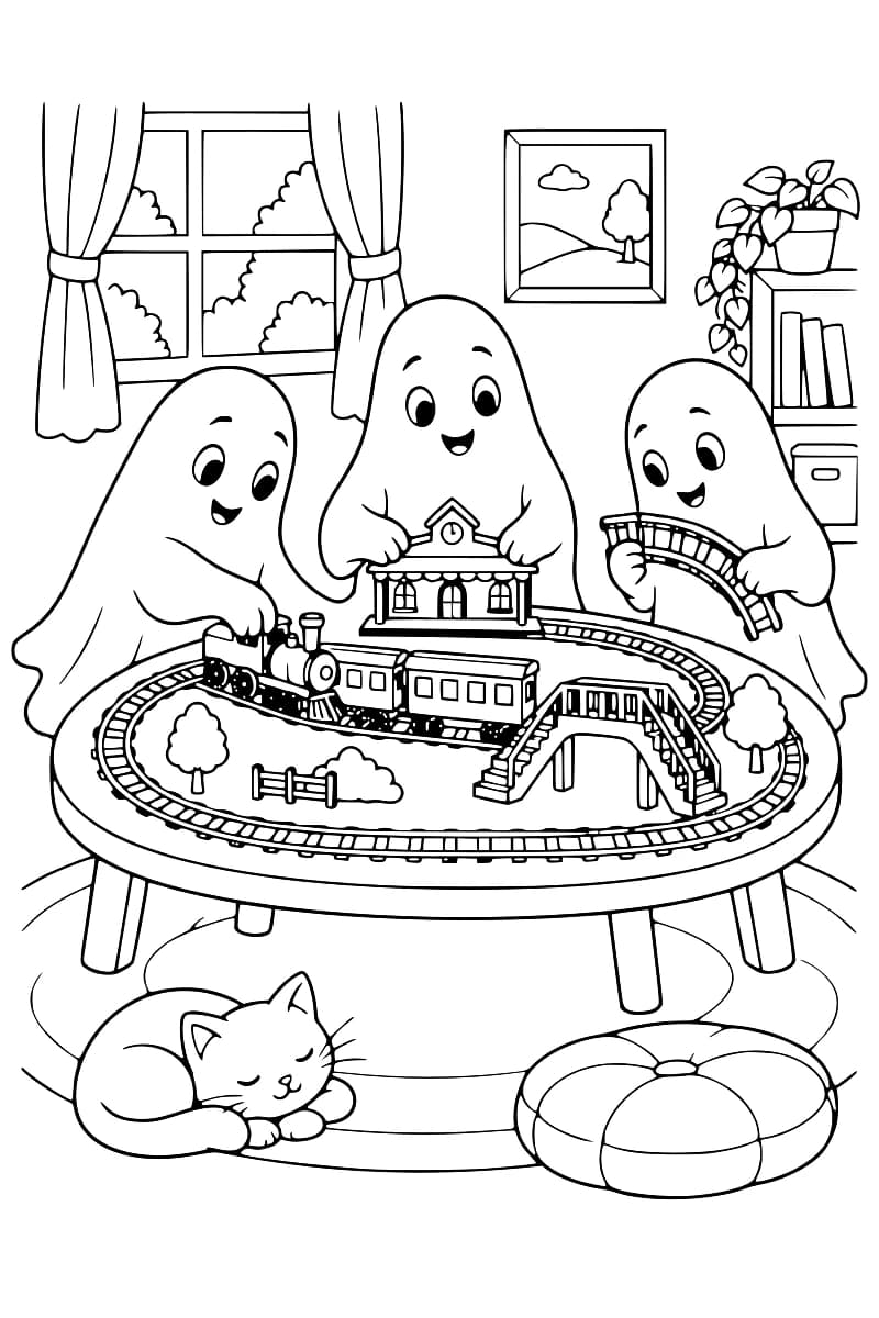 Dessin en noir et blanc de trois fantômes souriants autour d’un train miniature sur une table ovale : l’un tient la locomotive, un autre la gare et le troisième un tronçon de rails. Une passerelle et des arbres décorent le circuit. Un chat dort au pied de la table, près d’un coussin.