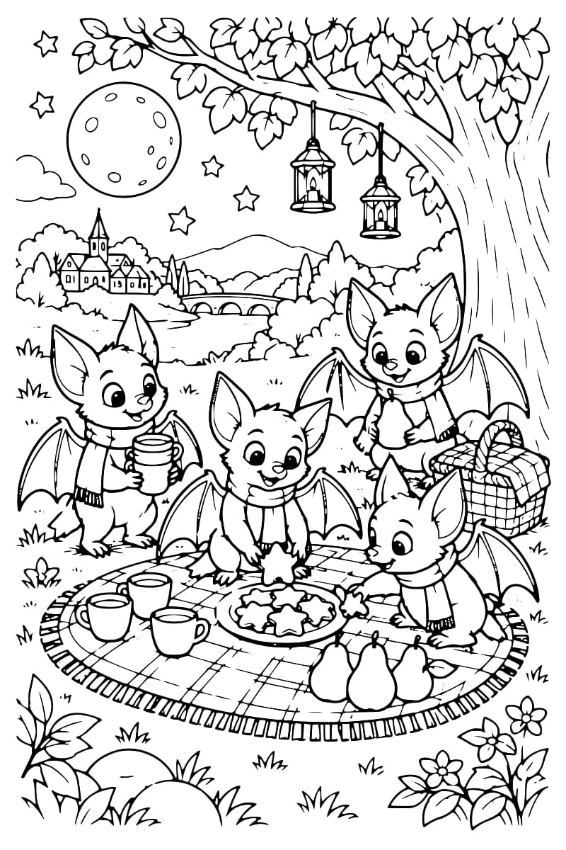 Dessin à colorier de quatre chauves-souris en écharpe autour d’une couverture à carreaux garnie de tasses, de biscuits étoilés et de poires, avec un panier à côté et deux lanternes suspendues à un arbre, sous un ciel étoilé avec la lune.