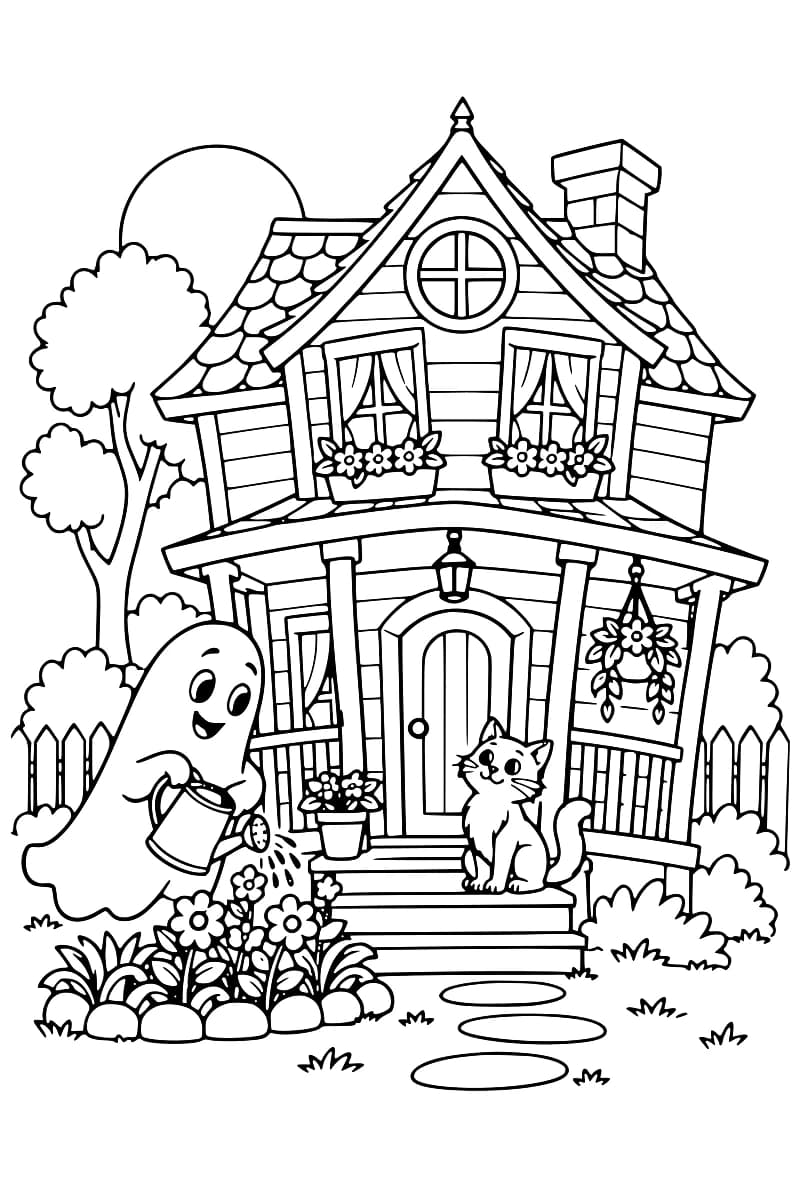 Dessin en noir et blanc d’un fantôme souriant arrosant un massif de fleurs devant une maison hantée, avec un chat assis sur le perron.