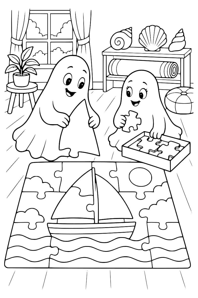 Dessin en noir et blanc de deux fantômes tenant des pièces devant un grand puzzle représentant un voilier sur les vagues, sous un soleil et des nuages. On voit aussi une boîte de pièces, un pouf, une étagère avec des coquillages et un tapis roulé, ainsi qu’une plante près d’une fenêtre.