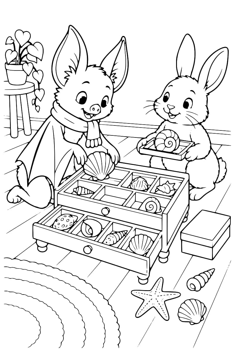 Dessin en noir et blanc d’une chauve-souris en écharpe tenant une coquille au-dessus d’un meuble à tiroirs compartimentés, face à un lapin portant un plateau de coquillages. Une étoile de mer et des coquillages sont posés au sol, près d’une boîte et d’un tapis.